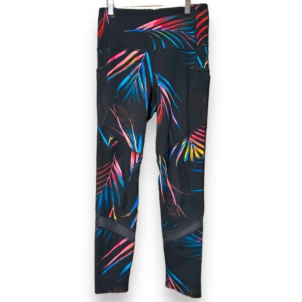 BSP Better Sports Performance Black Workout Leggings Tropical Neon Leaves size M